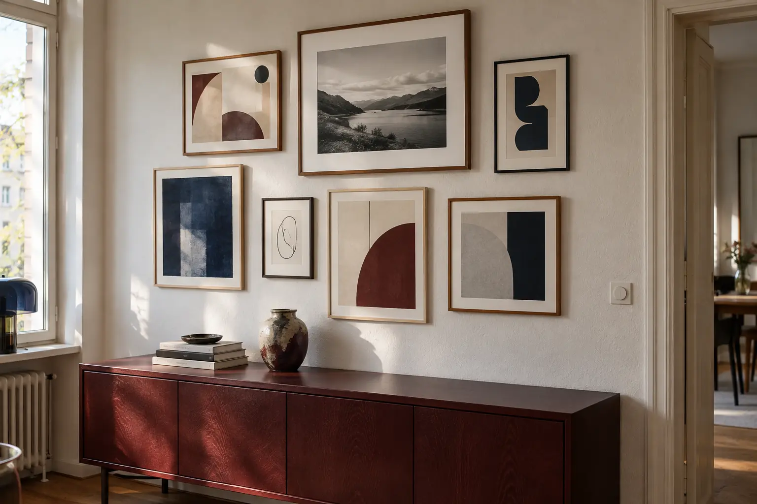 Unterschiedlich große Bilderrahmen über einem dunkelroten Sideboard.