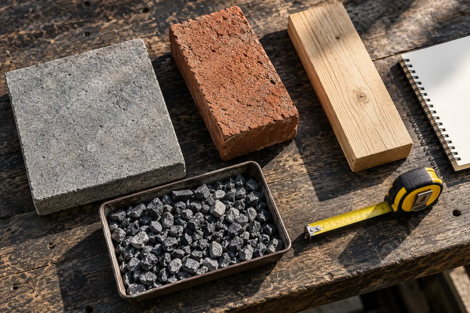Pflasterstein, Ziegel, Holz und Kies als Materialproben neben einem Maßband.