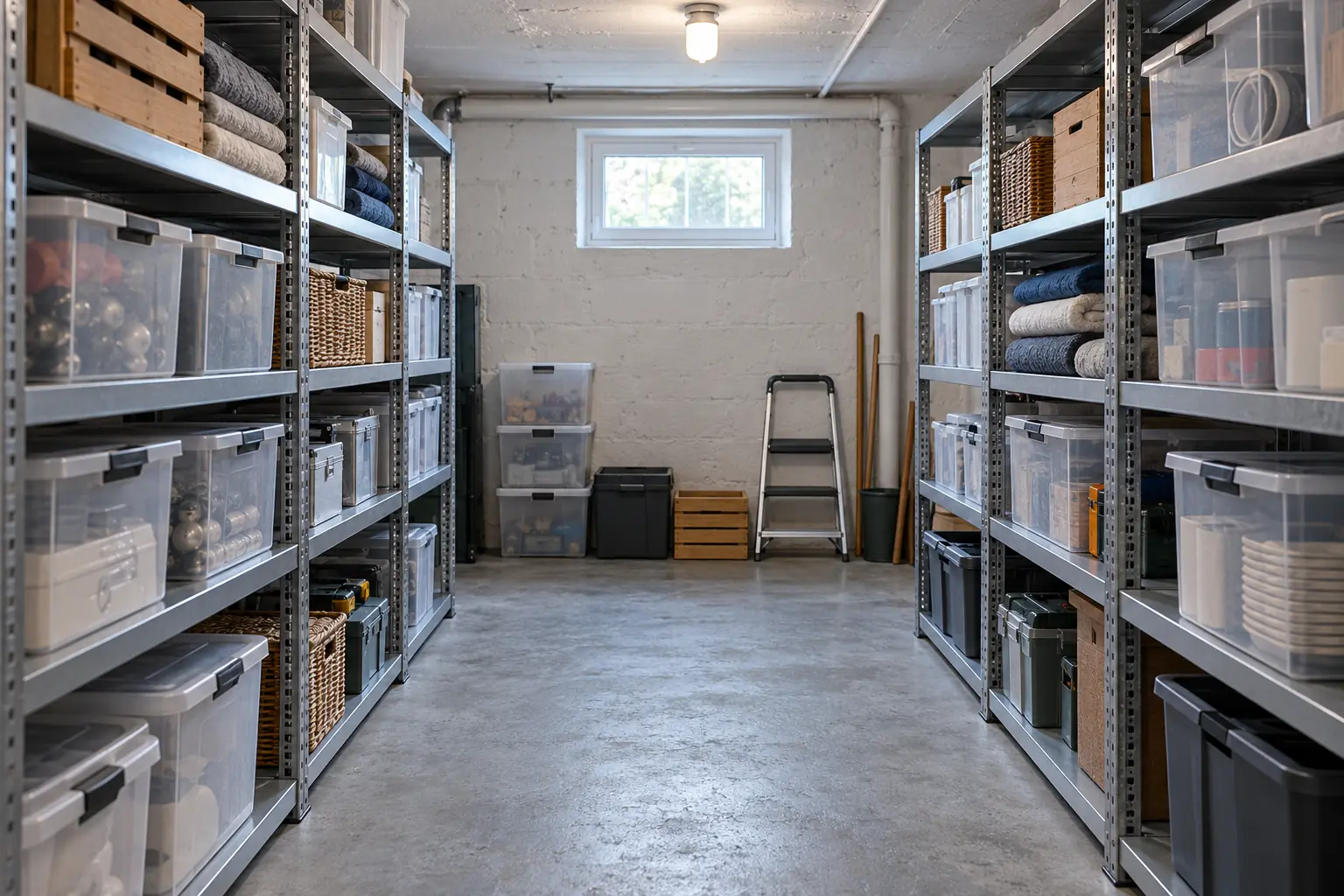 Metallregale mit Aufbewahrungsboxen und freiem Mittelgang in einem Kellerraum.
