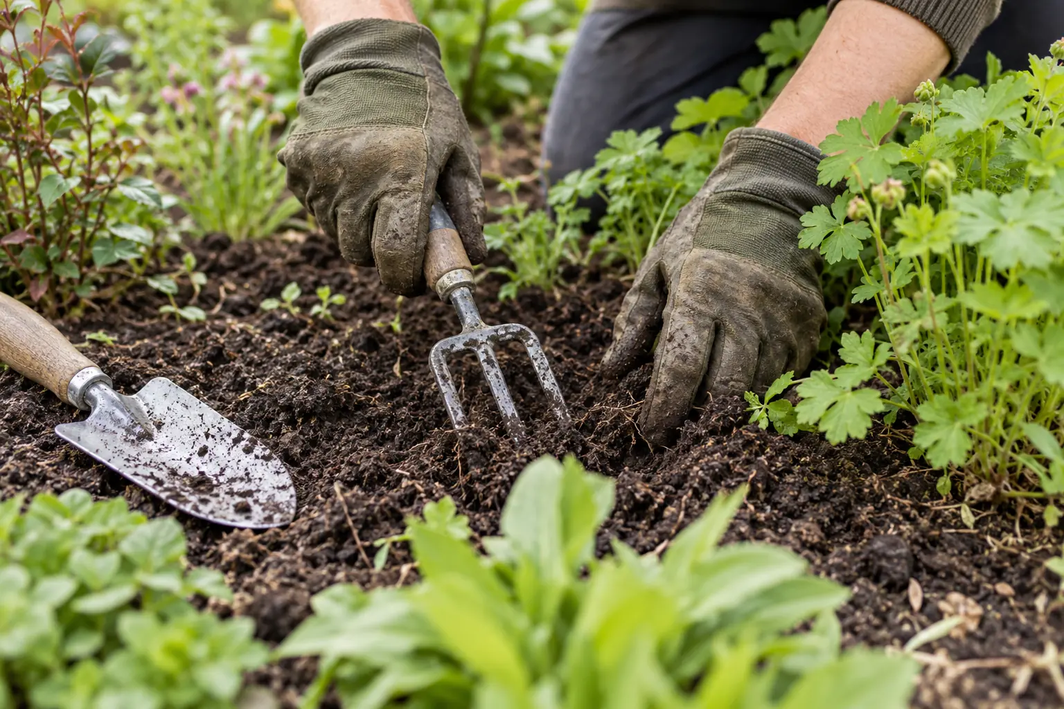 Hände in Gartenhandschuhen lockern mit einer Handgabel die Erde in einem Beet.