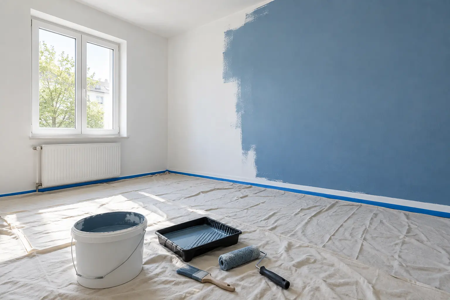 Raum mit abgedecktem Boden, Malerwerkzeug und teilweise blau gestrichener Wand.